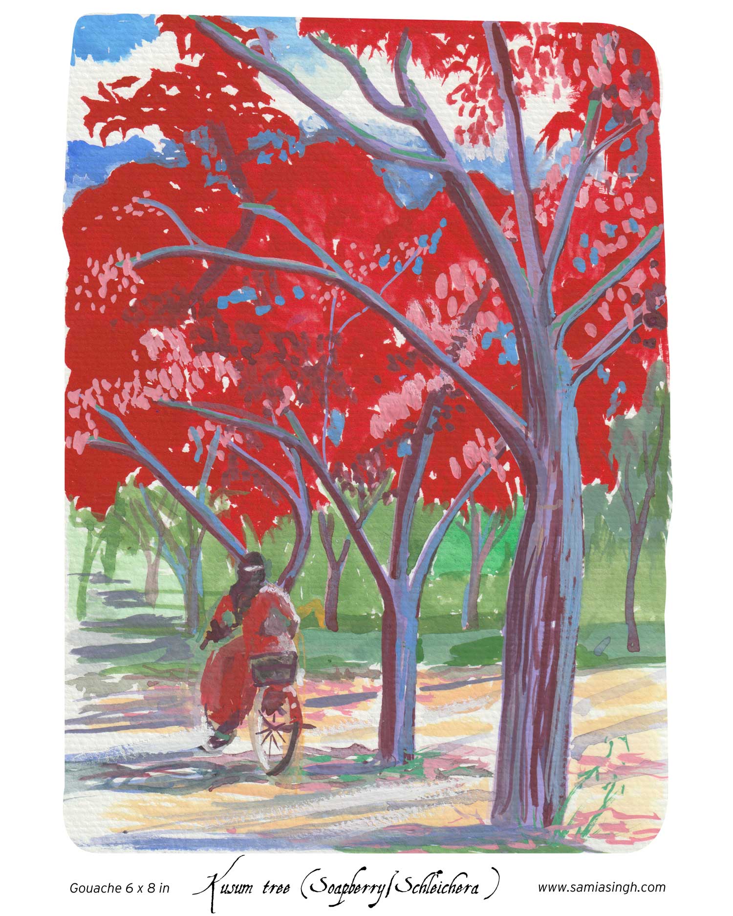 The new leaves of the Kusum tree are bright red. My nani, Sheila Didi, a barrister who studied at Lincoln’s Inn, London, used to cycle to the high court in a sari. I imagine she would have passed beneath these very trees on a summer day like this. What does a tree remind you of?